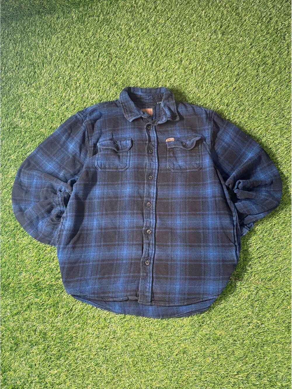 Vtg Orvis Button-Up Flannel Shirt Blue Black Cotton Mens Size L